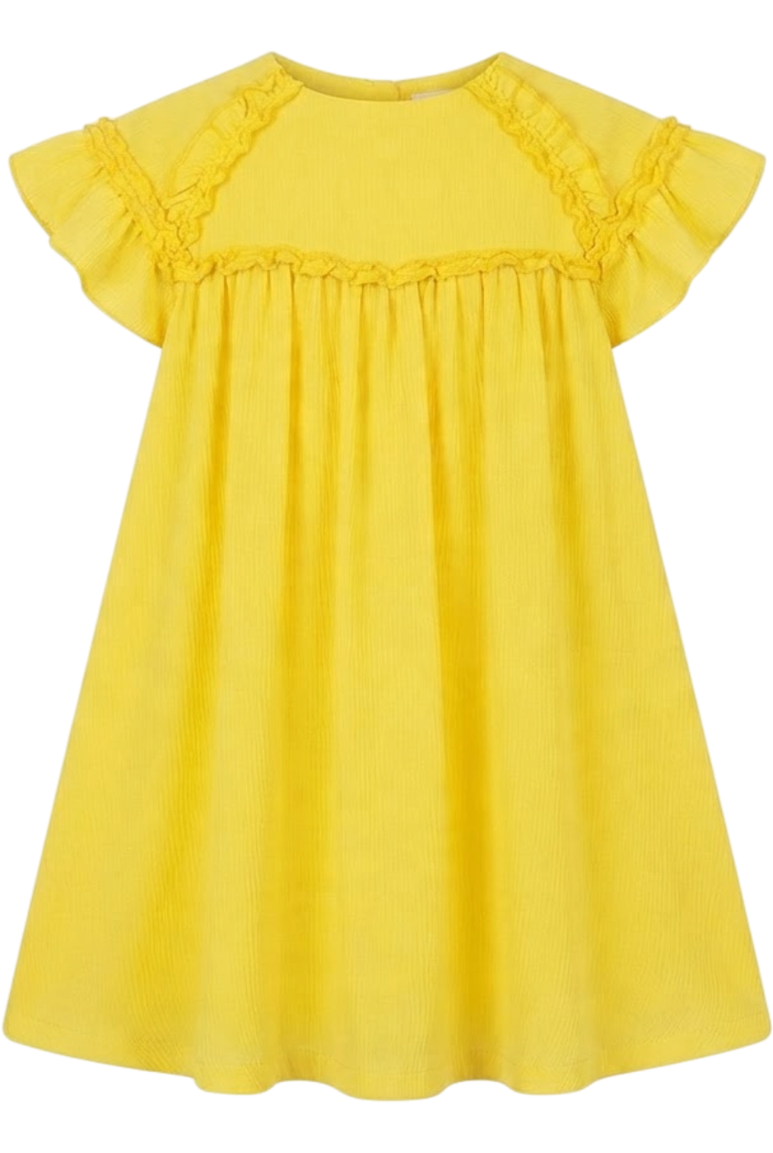 Bright yellow flare dress with matching trimming - product view