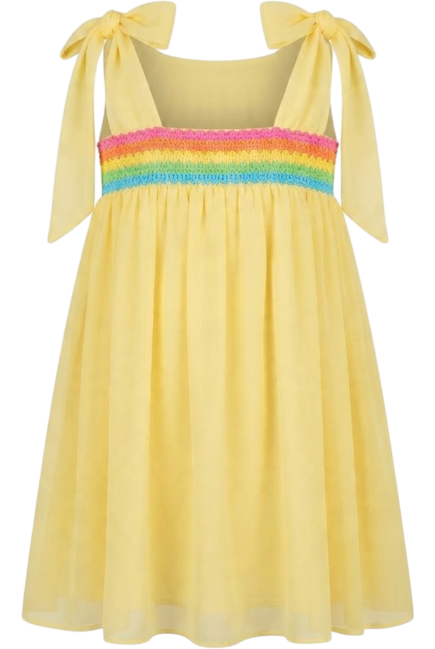 Yellow chiffon cotton dress with matching multicolor detail and shoulder bows - product view