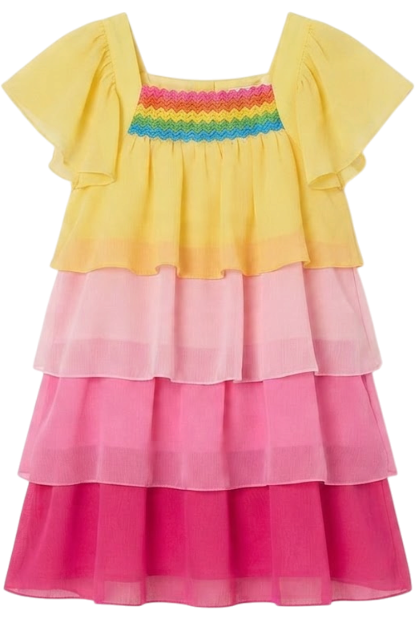 Yellow, pink and fuchisa chiffon tired frills dress with matching multicolor front detail - product view