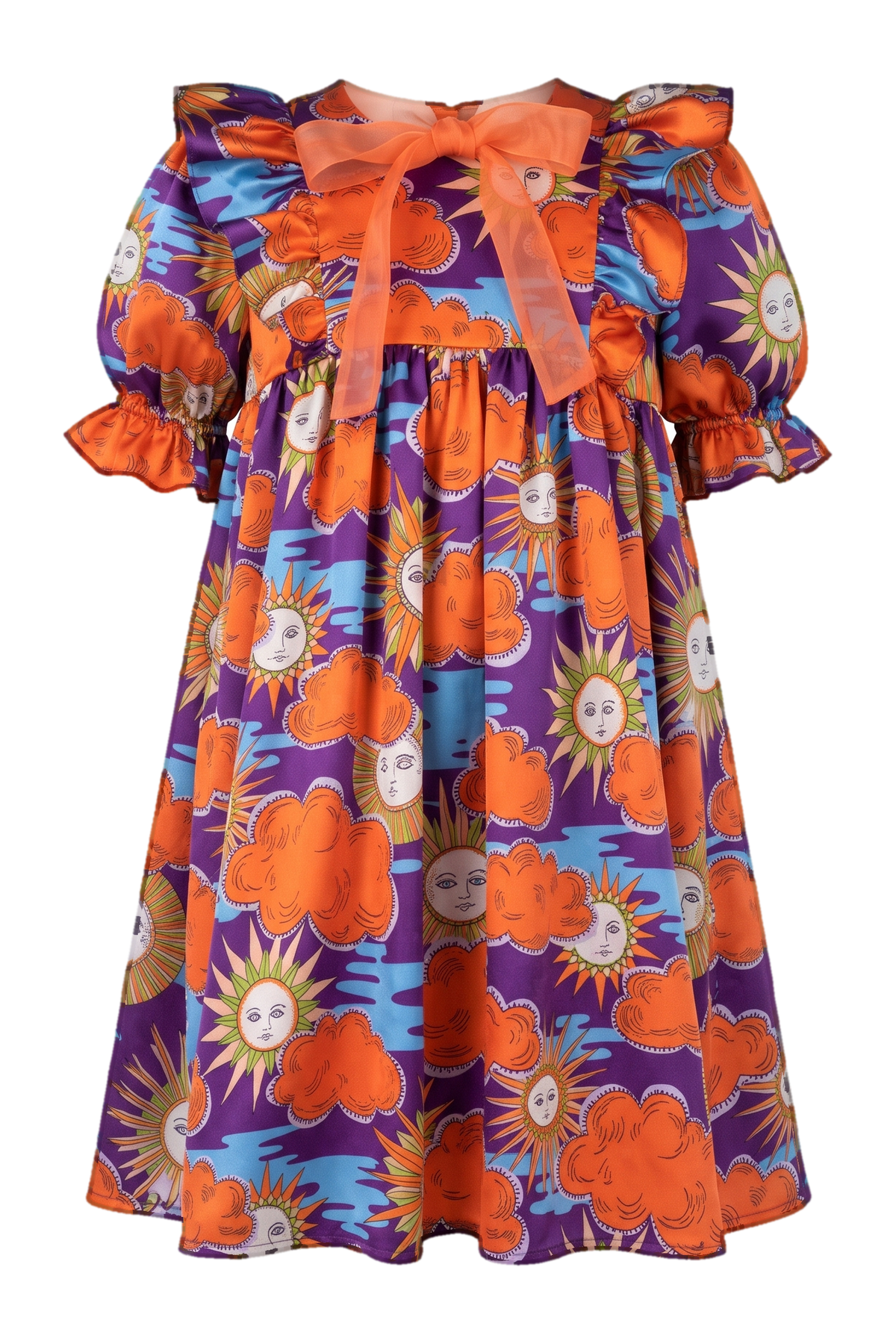 Silk purple, orange and blue Sun and Clouds Liberty print dress with orange silk organza pussy bow - product view