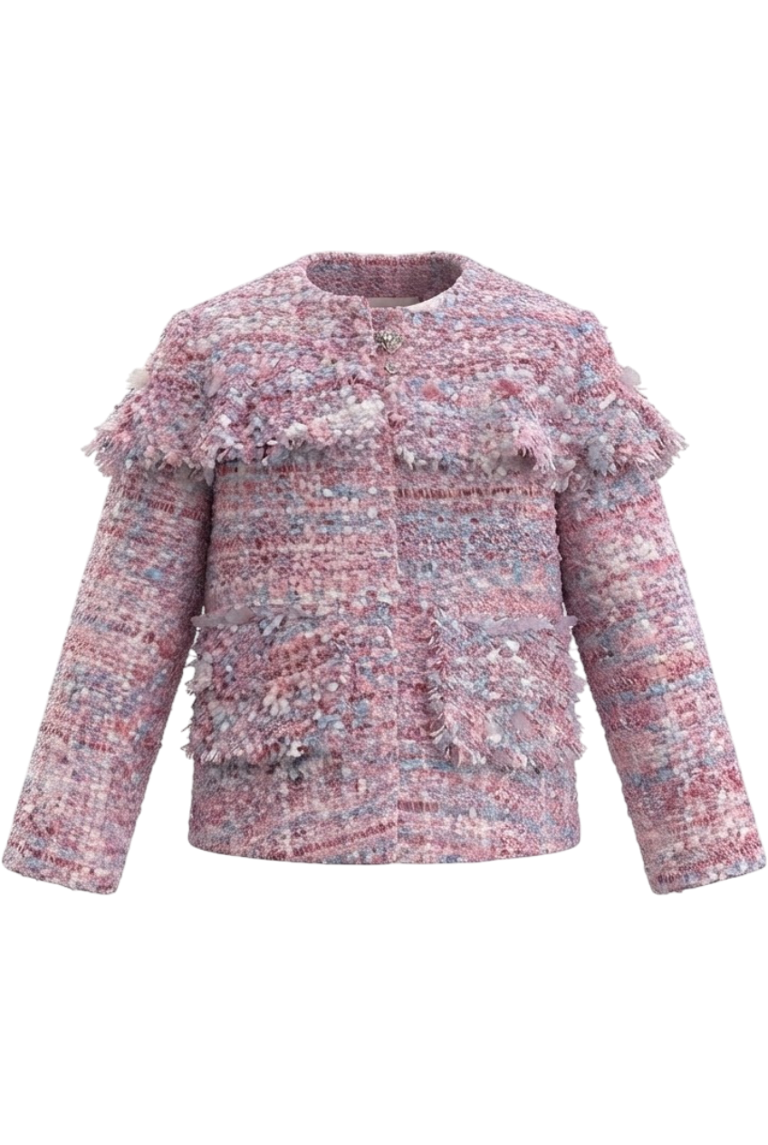 Pink and blue tweed blazer with frills - product view
