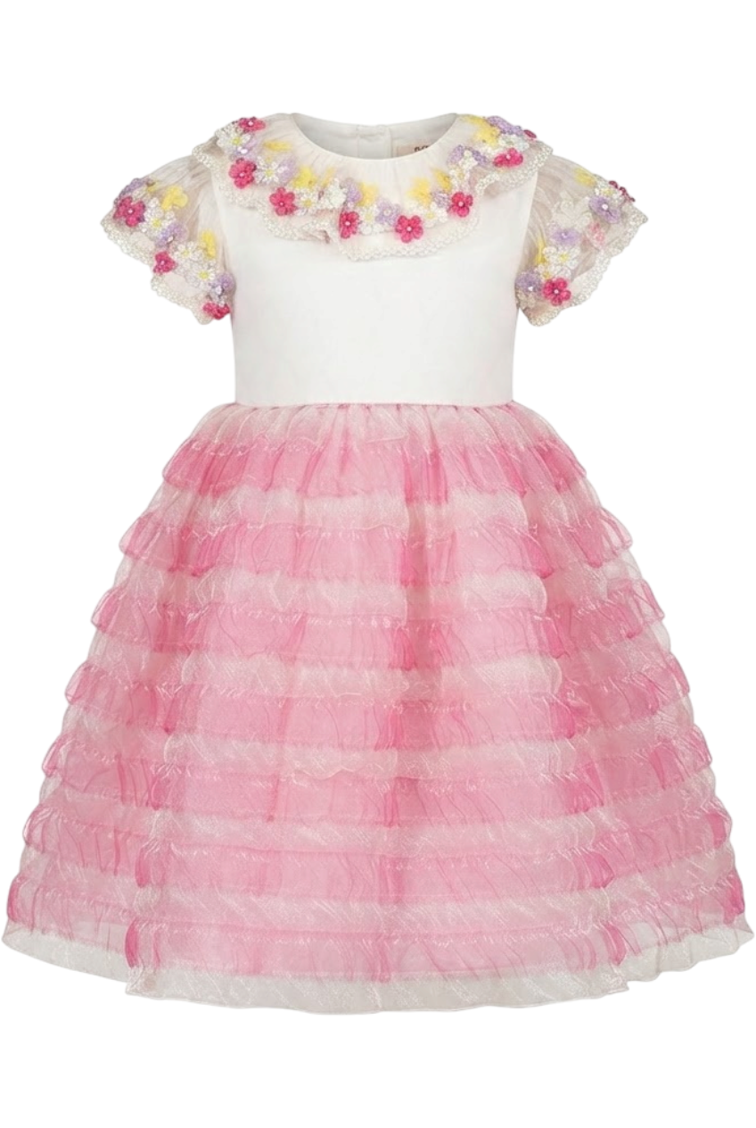 Pink organza dress with hand-made flowers on collar and sleeves - product view