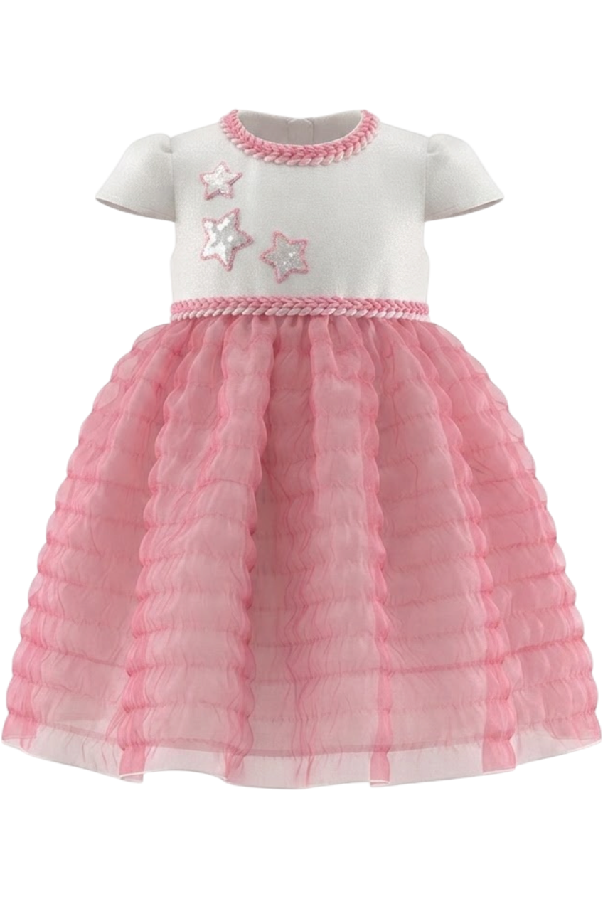 White and pink organza dress with sequined stars - product view