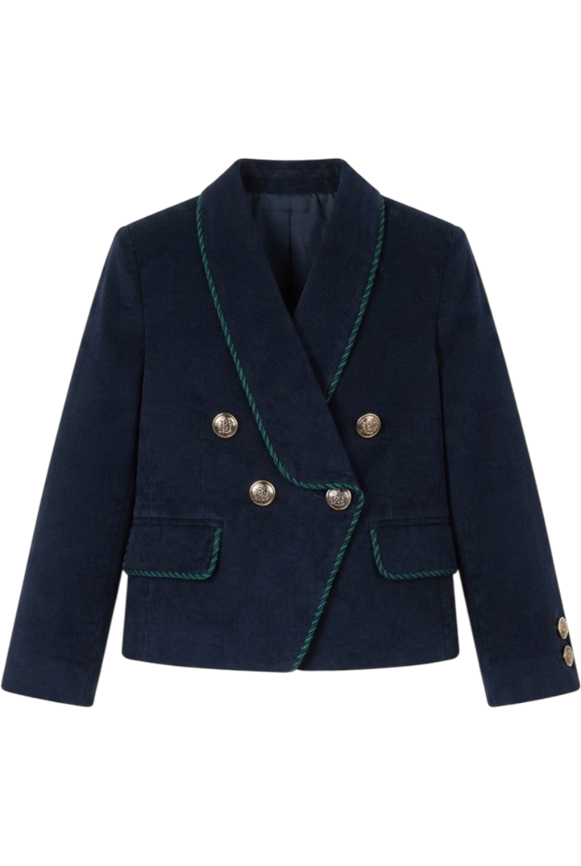 Dark blue courdory cotton blazer with green/blue pipping and buttons with coat of arms - product view
