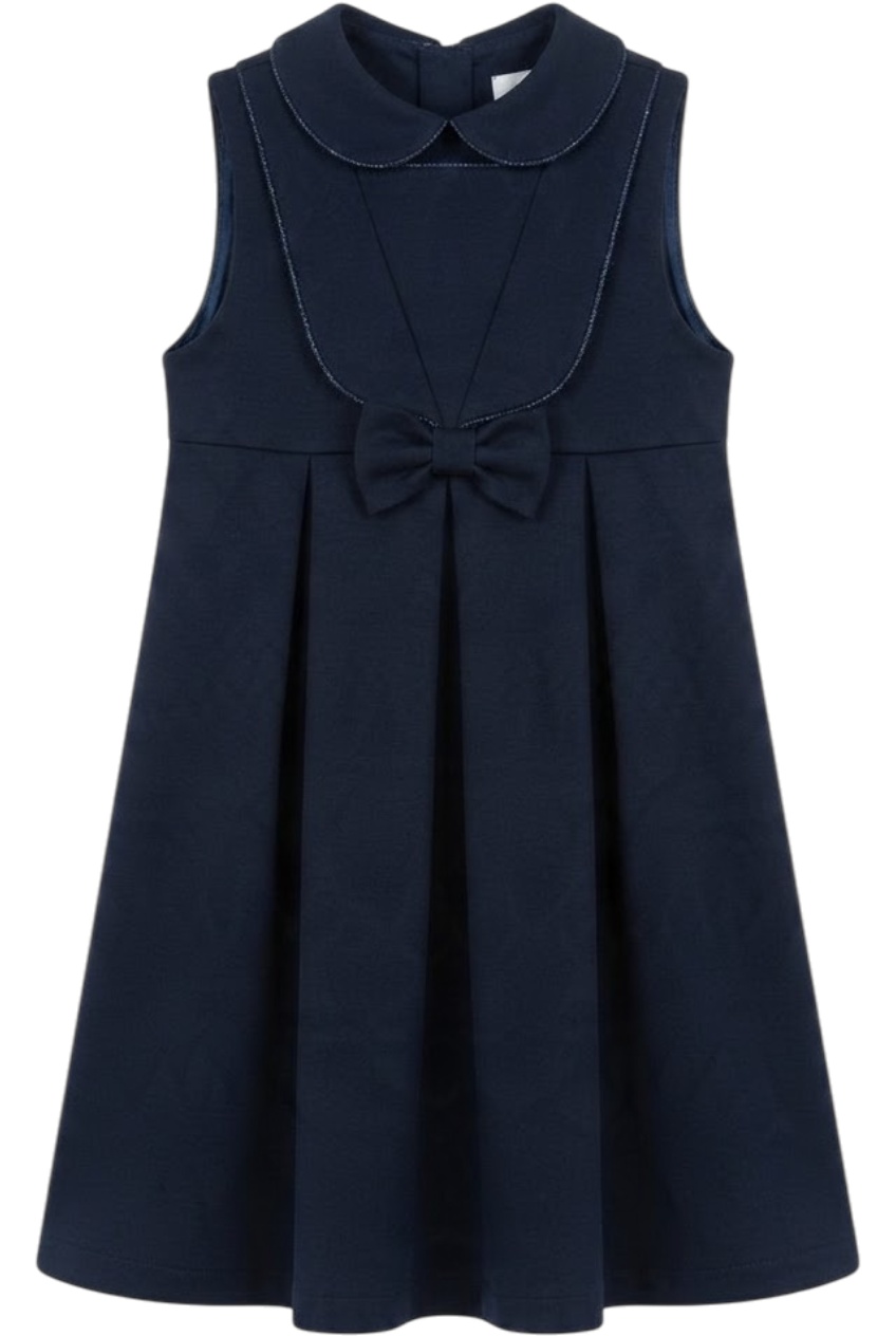 Blue poly-viscose Punto Milano dress with bow and lapels with blue lurex piping - product view