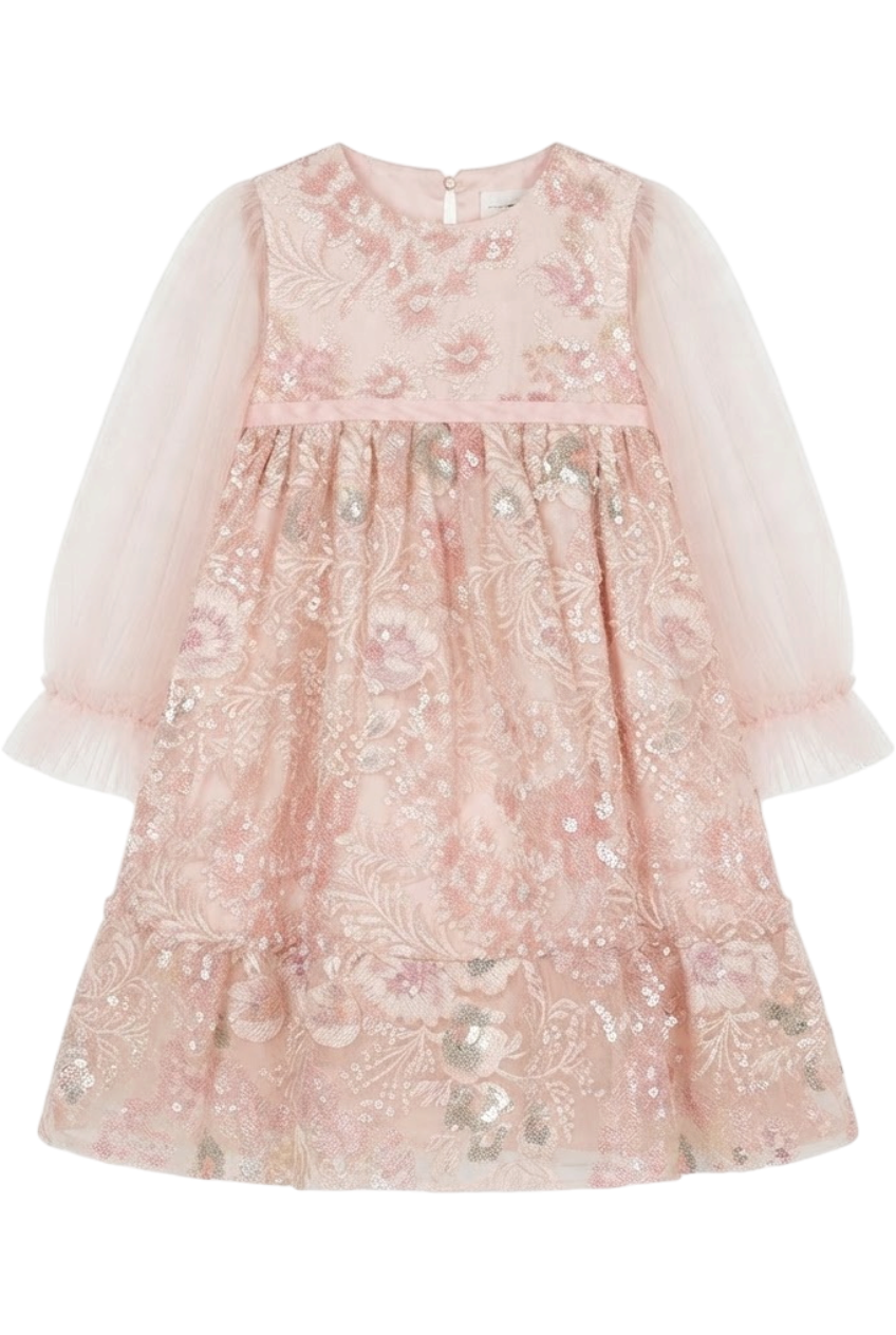 Light pink embroidered sequin floral lace and tulle dress with tulle sleeves - product view