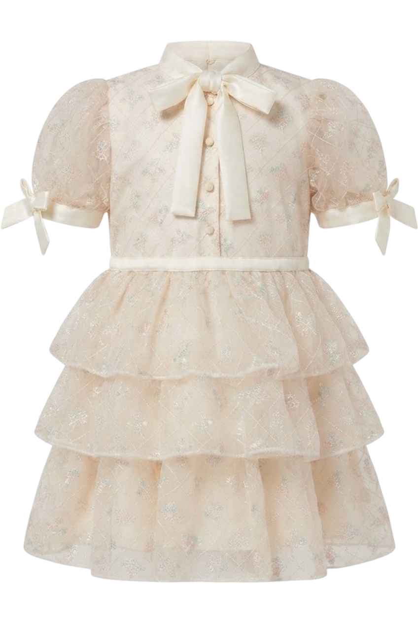 Ivory micro flowers embroidered lace dress with frills, pussy bow and bows on the sleeves - product view