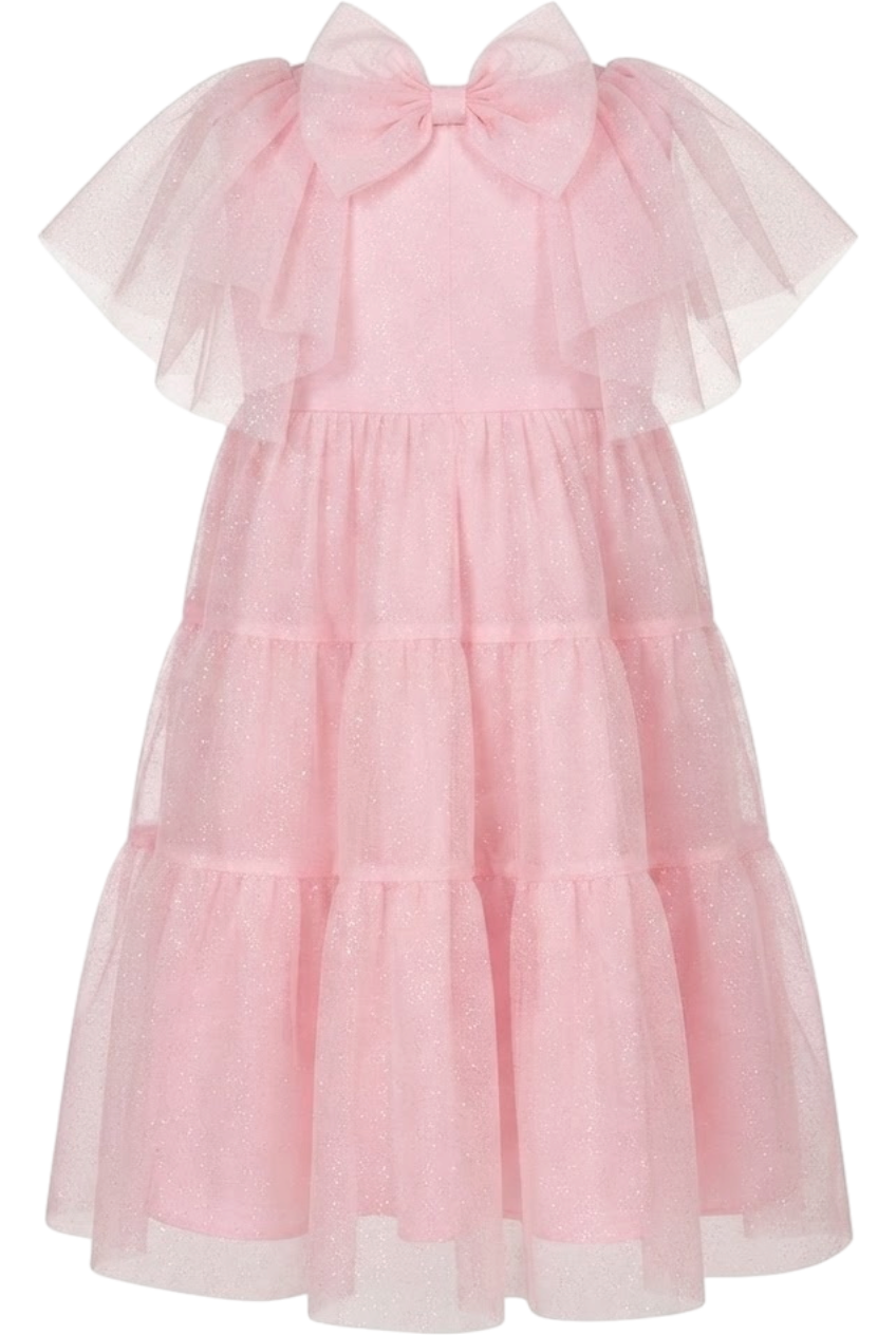 Light pink shimmering layered dress with oversized bow - product view