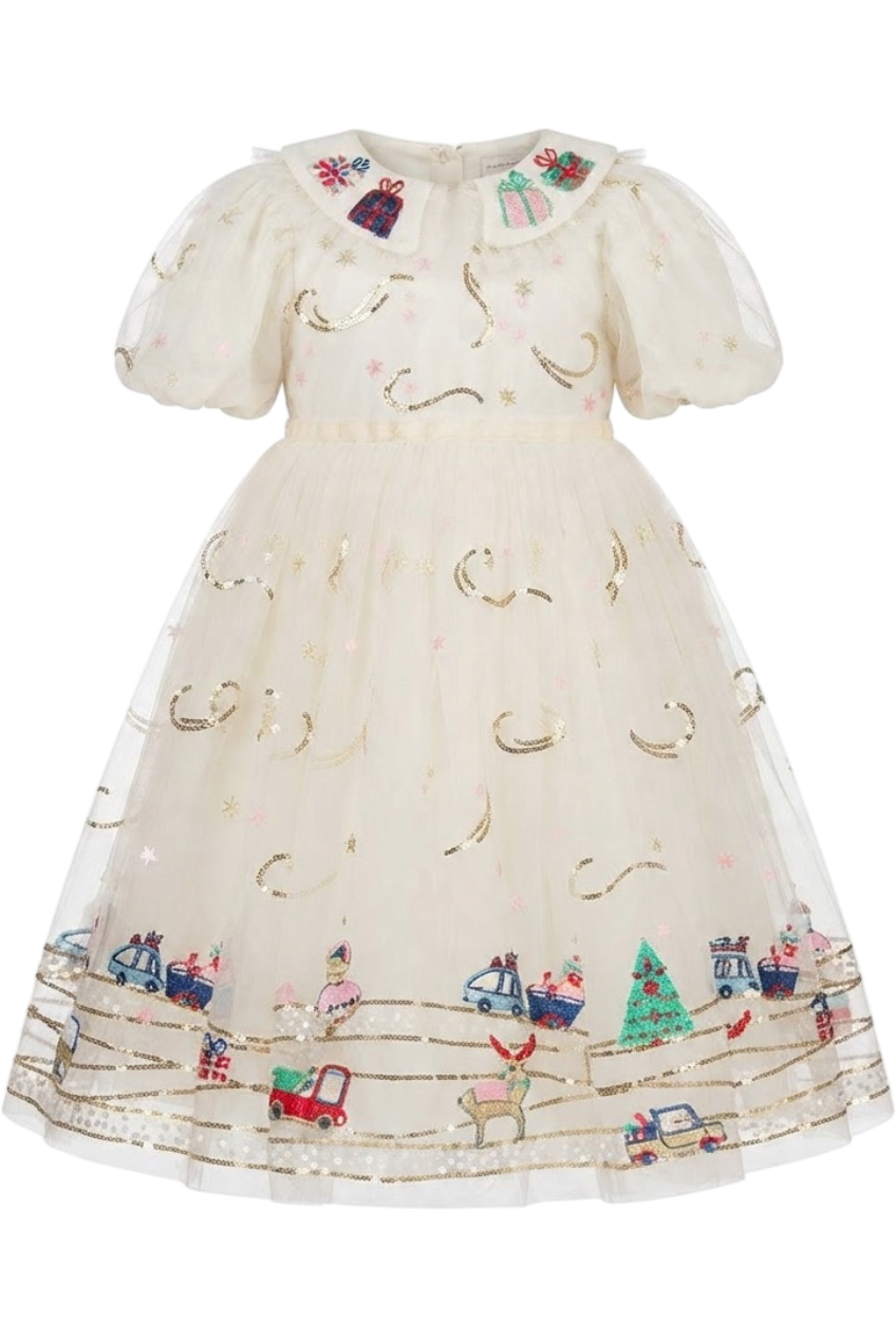 White Christmas tulle dress with sequins and lurex embroidery - product view