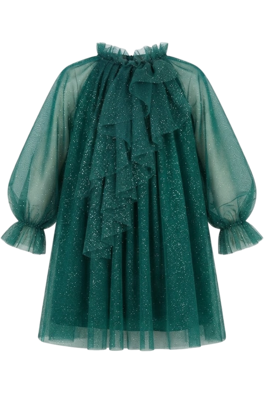 Green shimmering tulle loose fit dress with frill - product view