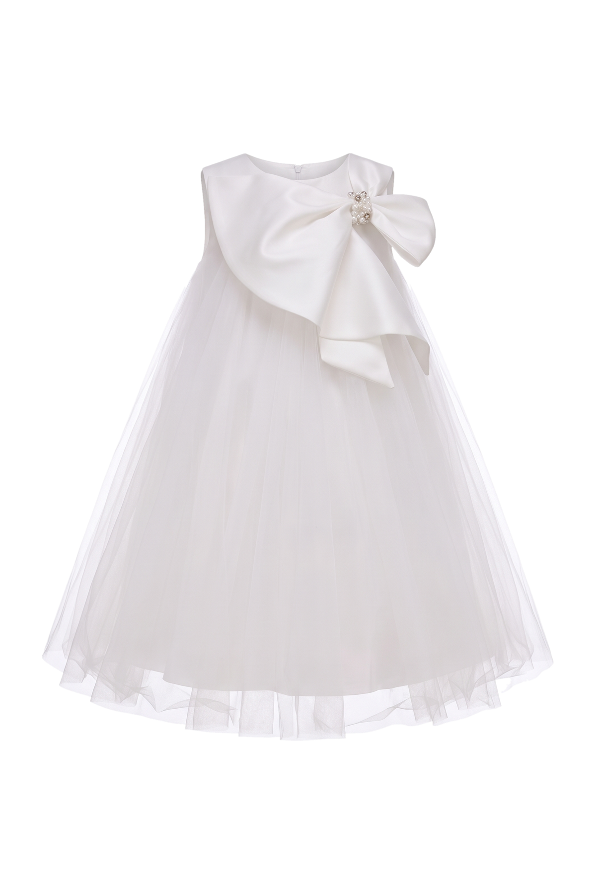 Bow-tie collar puffy tulle girl dress in white - product view