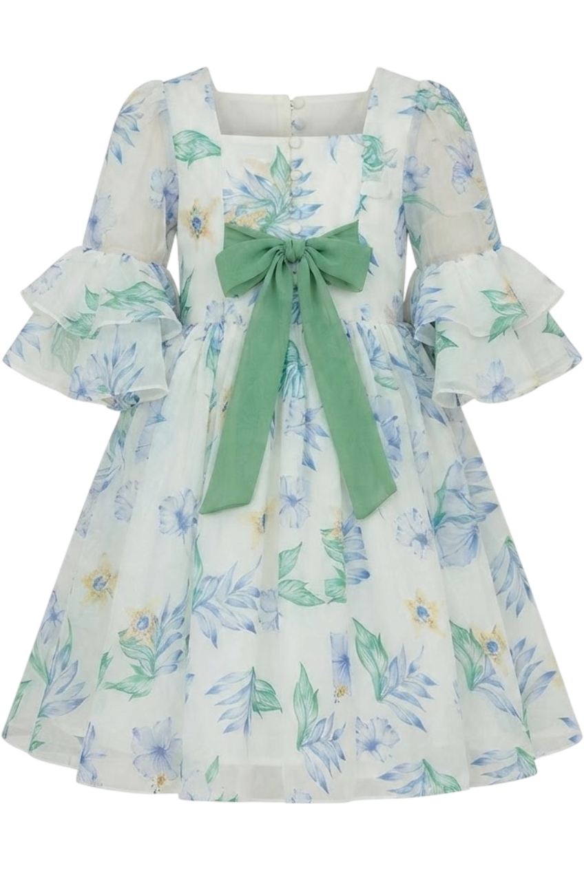 Chiffon floral dress with green bow - product view