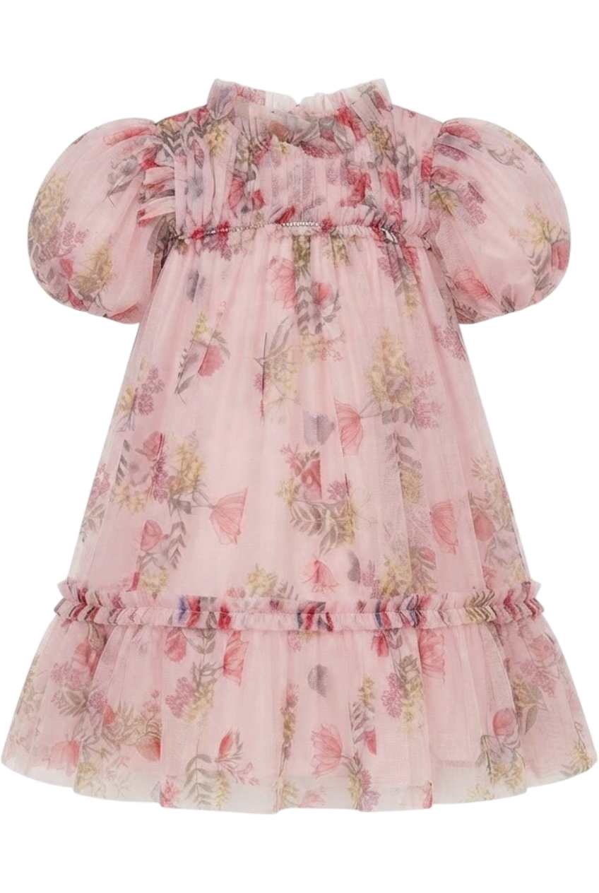 Pink dress with frilled floral pattern - product view