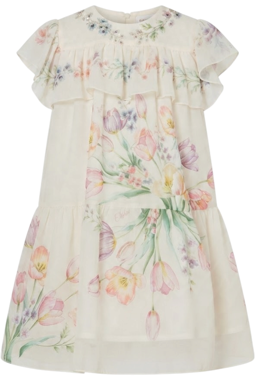 Ivory tulip print chiffon dress with hand-embellished neckline - product view