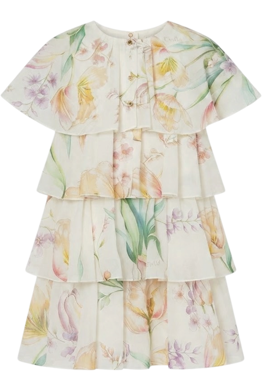 Ivory layered tulip print georgette dress - product view