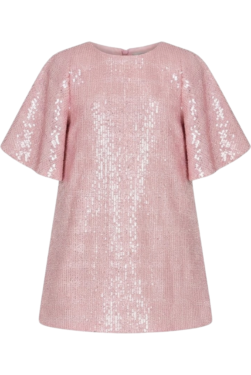 Pink sequin A-line dress with cape sleeves - product view