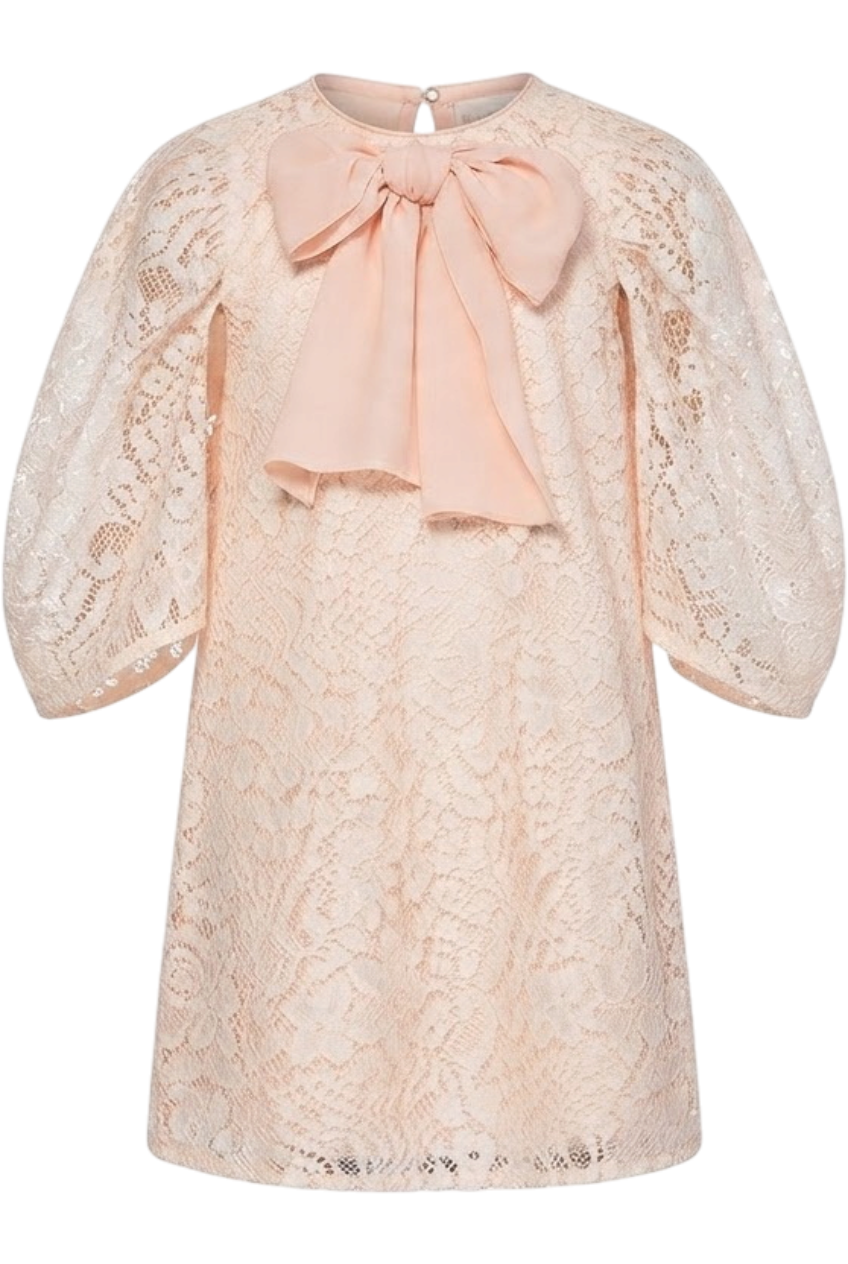 Peach pink and off-white dress with pussy bow - product view