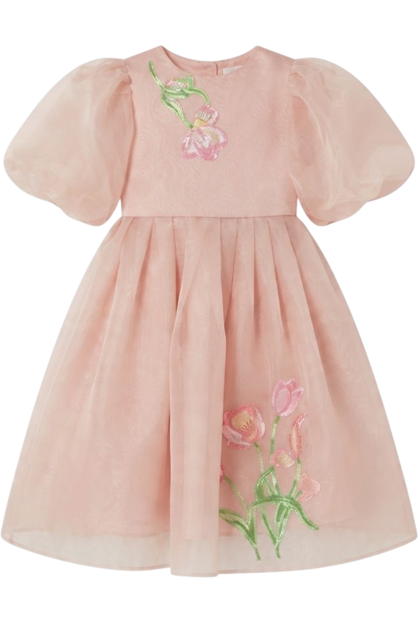 Powder pink organza dress with sequin tulip embroidery and puffed sleeves - product view