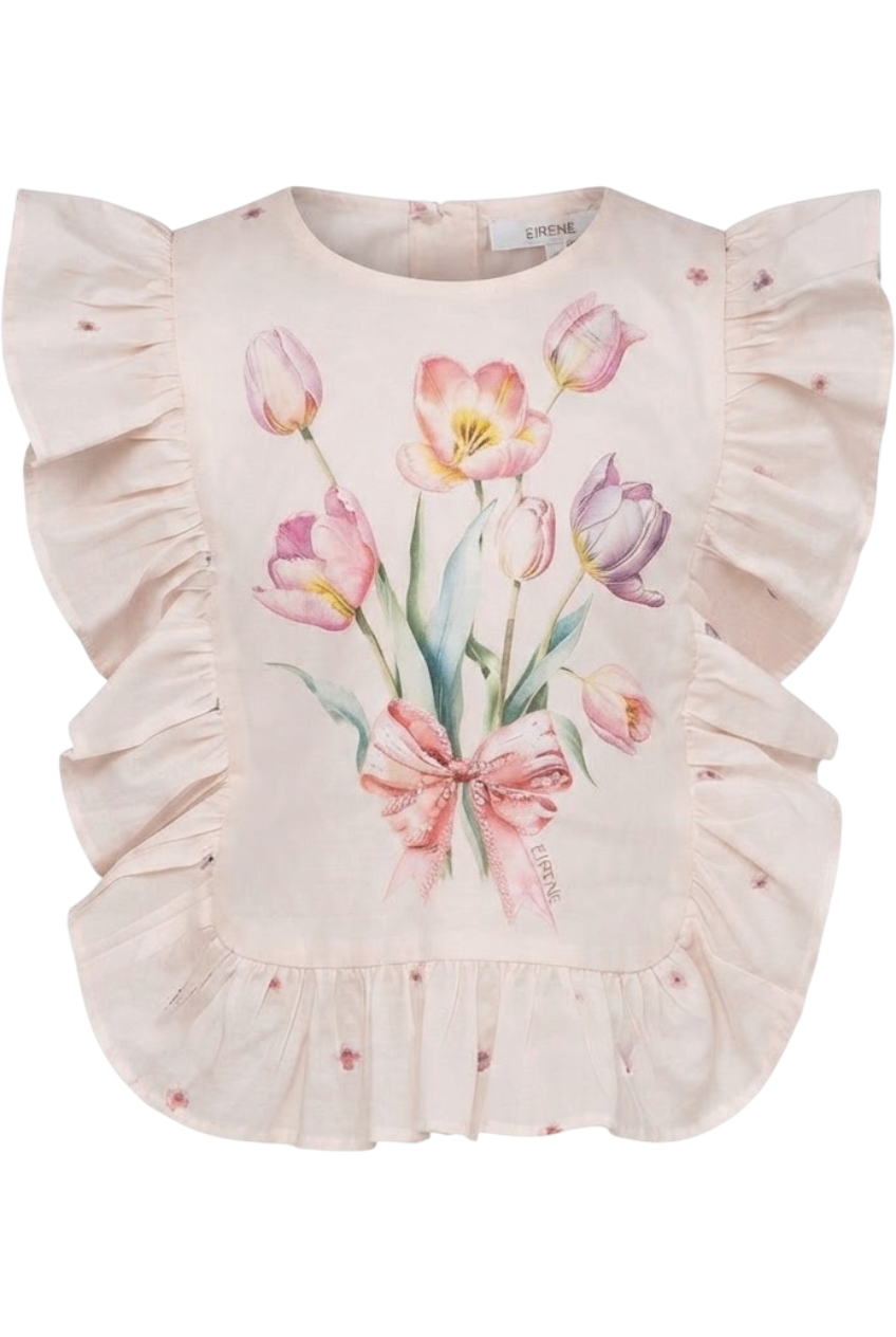 Light pink tulip print satin cotton top with frills and side bows and hand-embellishments - product view