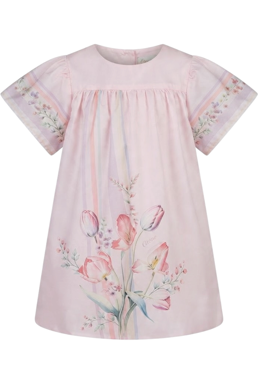 Light pink tulip print satin cotton dress with pretty sleeves - product view