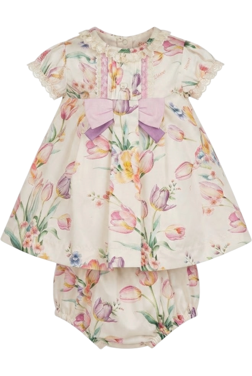 Satin cotton tulip print baby dress with pink and purple bows with matching knickers - product view