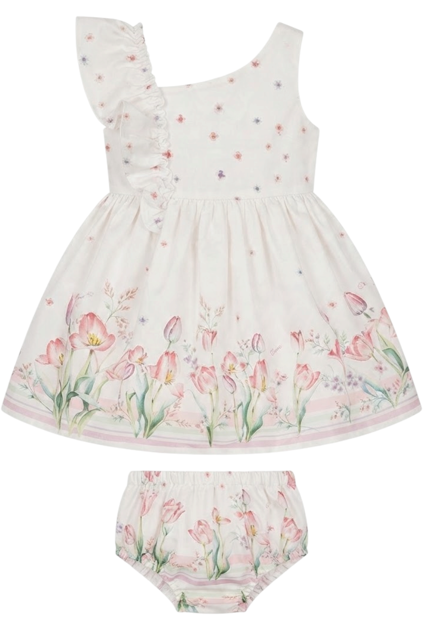 One shoulder and frill satin cotton baby dress with tulip print with matching knickers - product view