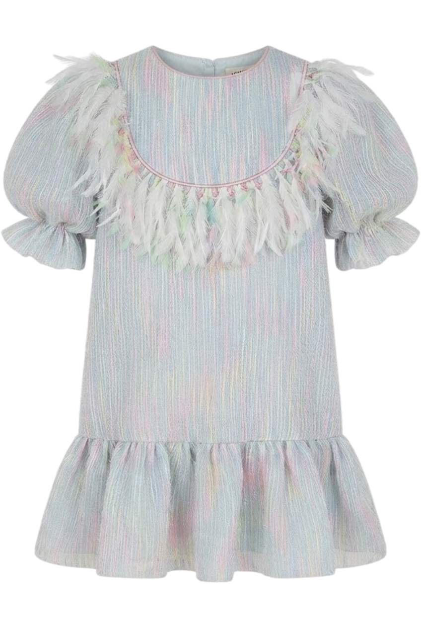 Pastel colors light tweed organza dress with tulle fringes - product view