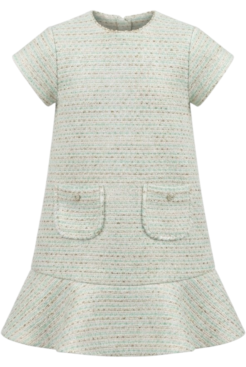 Off-white and mint tweed A-line dress with front pockets - product view