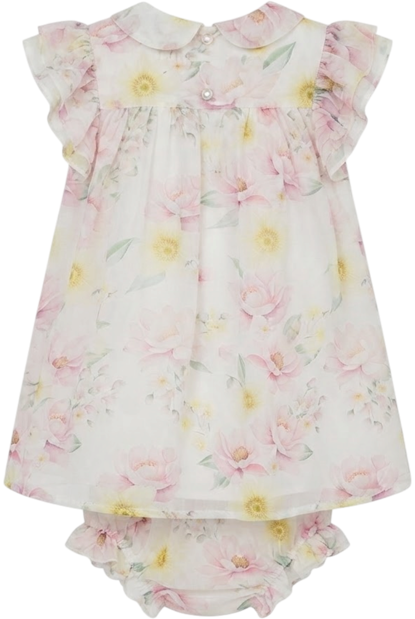 White floral chiffon baby dress with matching knickers - product view