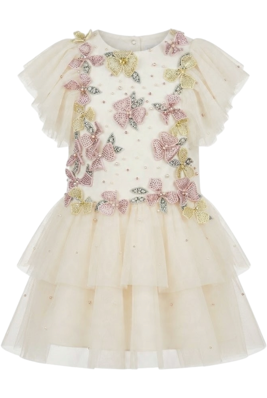 Ivory low waist tulle layered dress with hand-embellished flowers, pearls and crystals - product view
