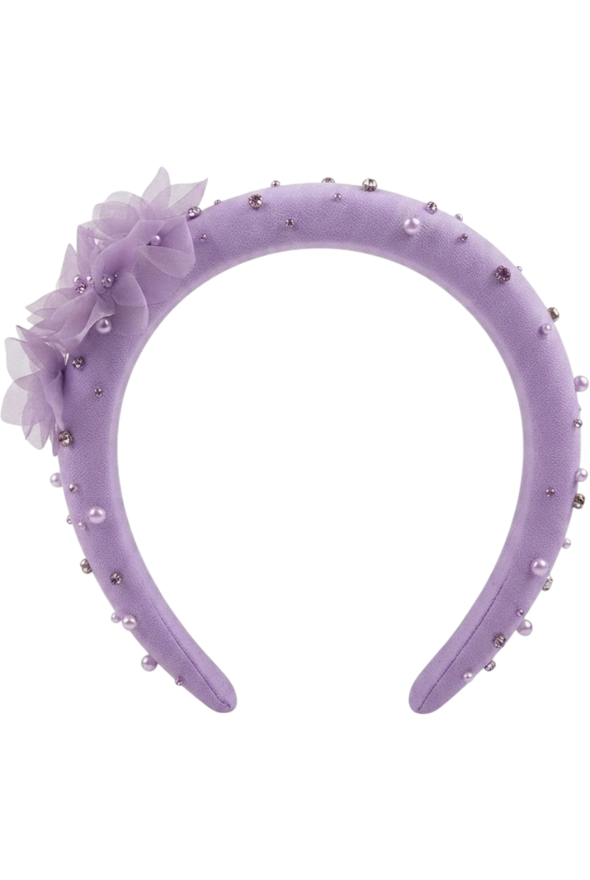Lilac 3D flowers, pearls and crystals hand-embellished headband - product view