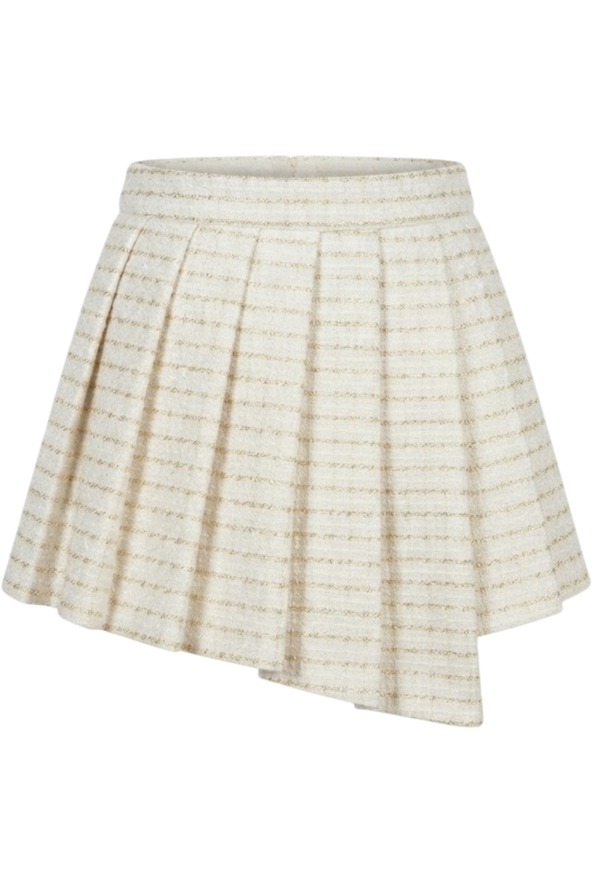 Off-white and gold tweed pleated asymmetrical mini skirt - product view