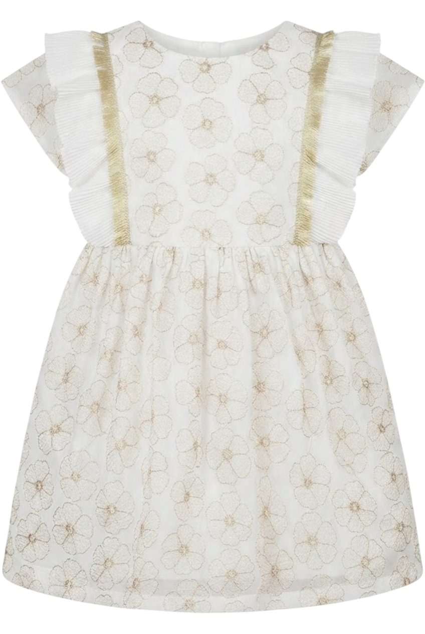 White and gold floral dress with metal fringes and frilled sleeves - product view