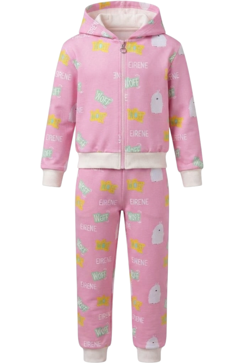 Pink dogs and logo printed track suit set - product view
