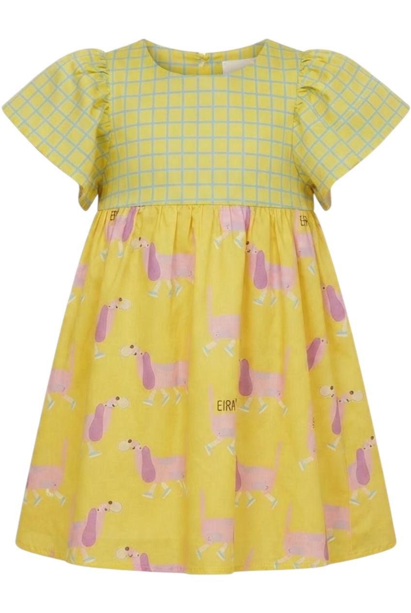 Yellow satin cotton dress with dachshund print - product view