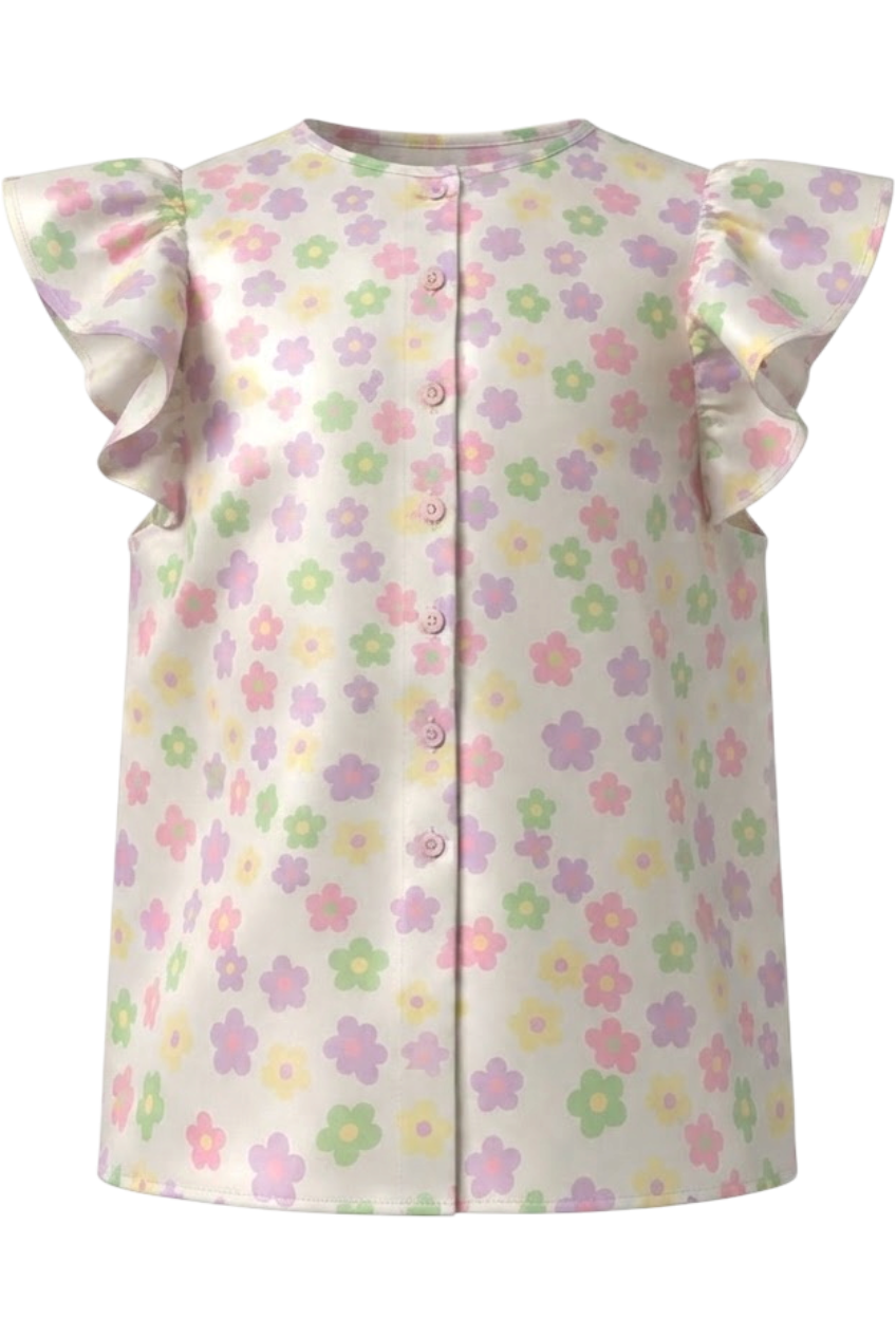 Off-white sleeveless satin cotton shirt with multi color flowers - product view