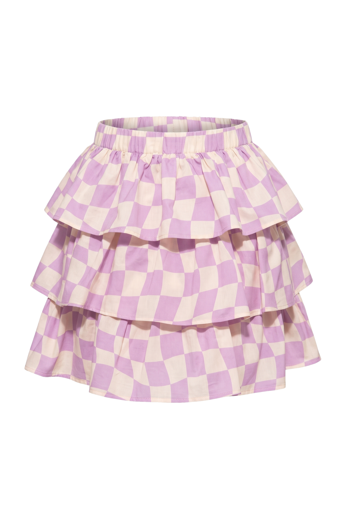 Checkered purple and off-white frilled satin cotton skirt - product view