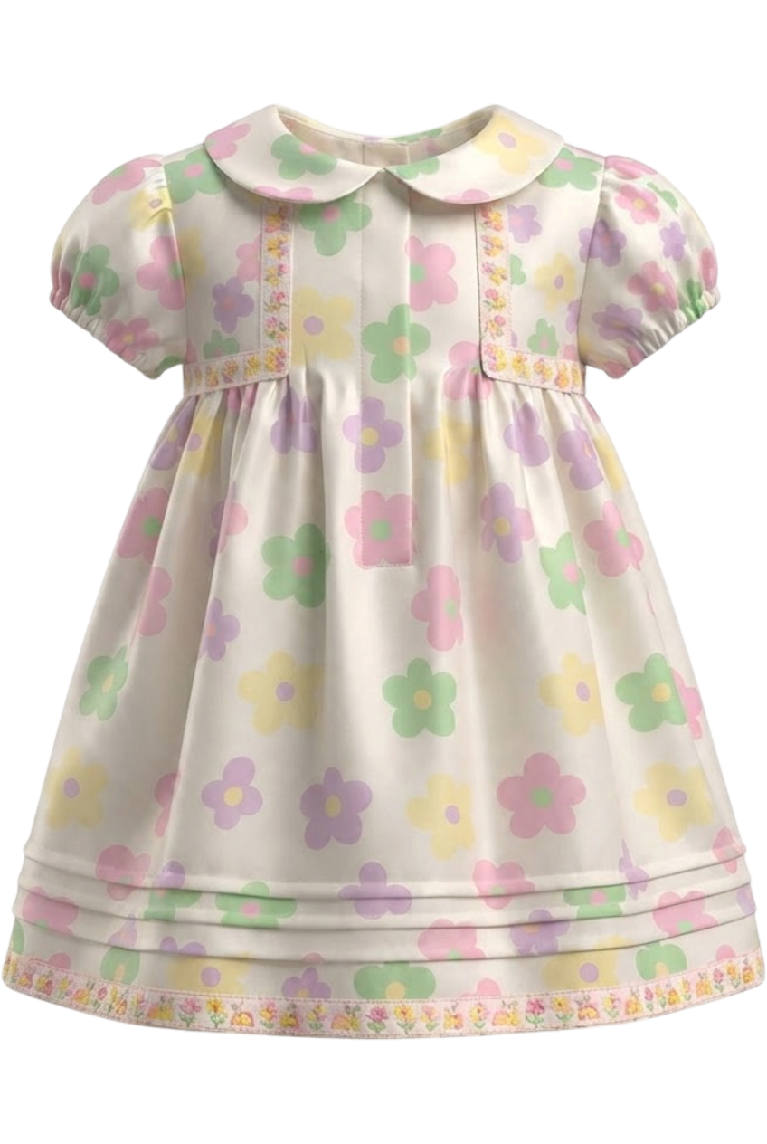 Off-white multicolor flowers satin cotton baby dress - product view