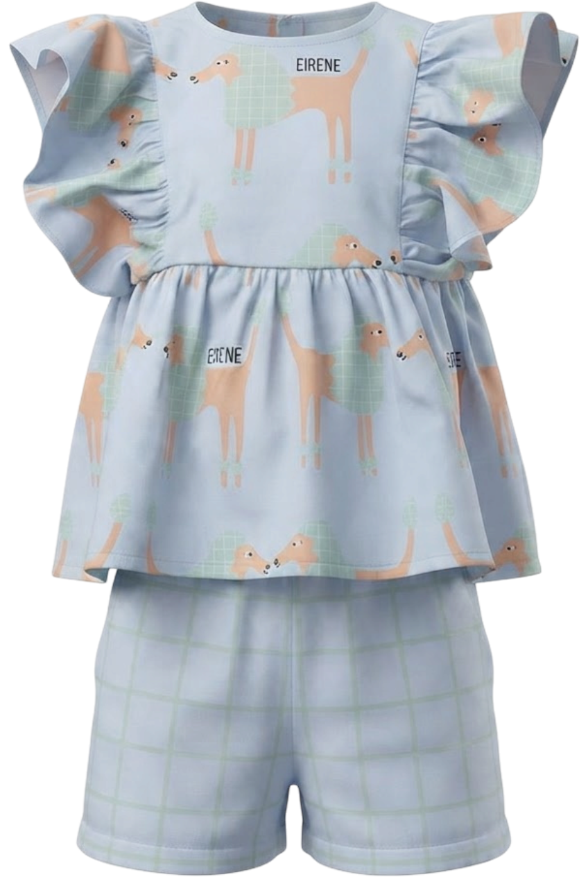 Blue top and shorts set with poodle print - product view