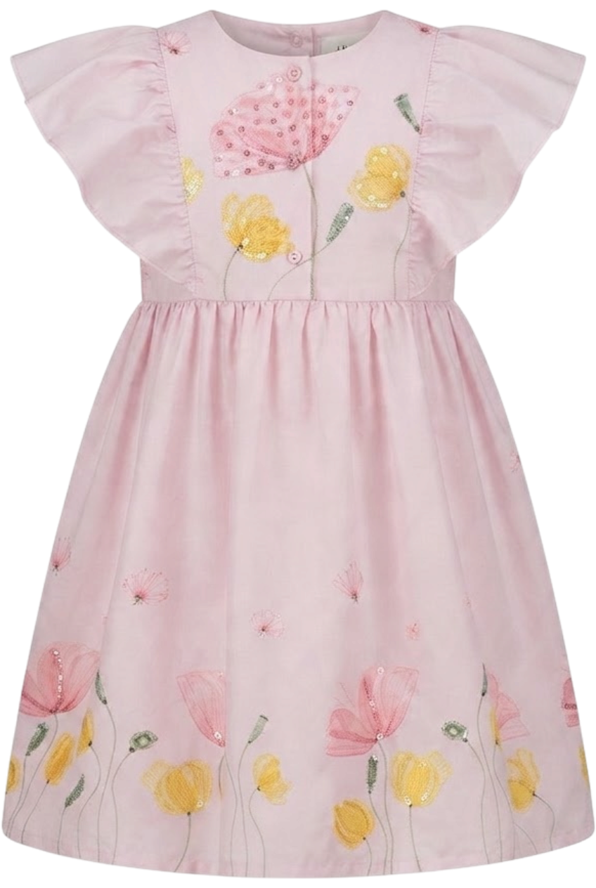 Pink satin cotton floral print dress with sequin hand-embroidery - product view