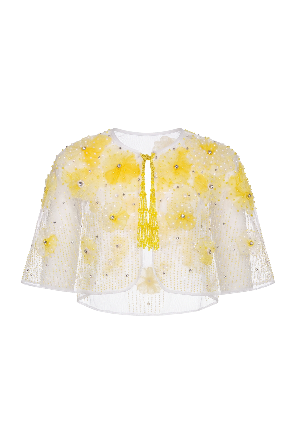 Hand-embellished yellow flower cape with beaded tassels - product view