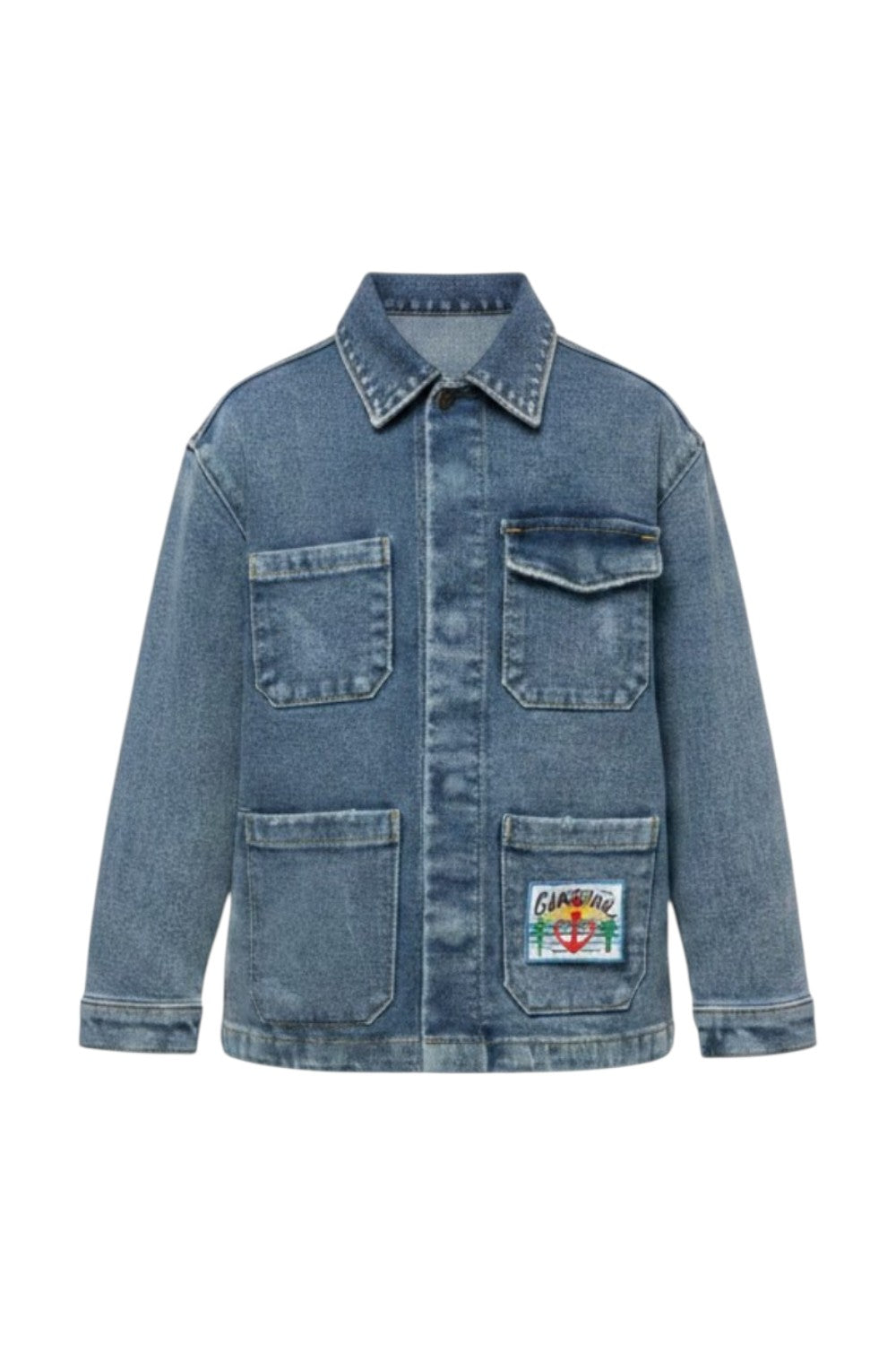 Denim jacket with classic collar, flap pockets, and colorful embroidered patch on the front