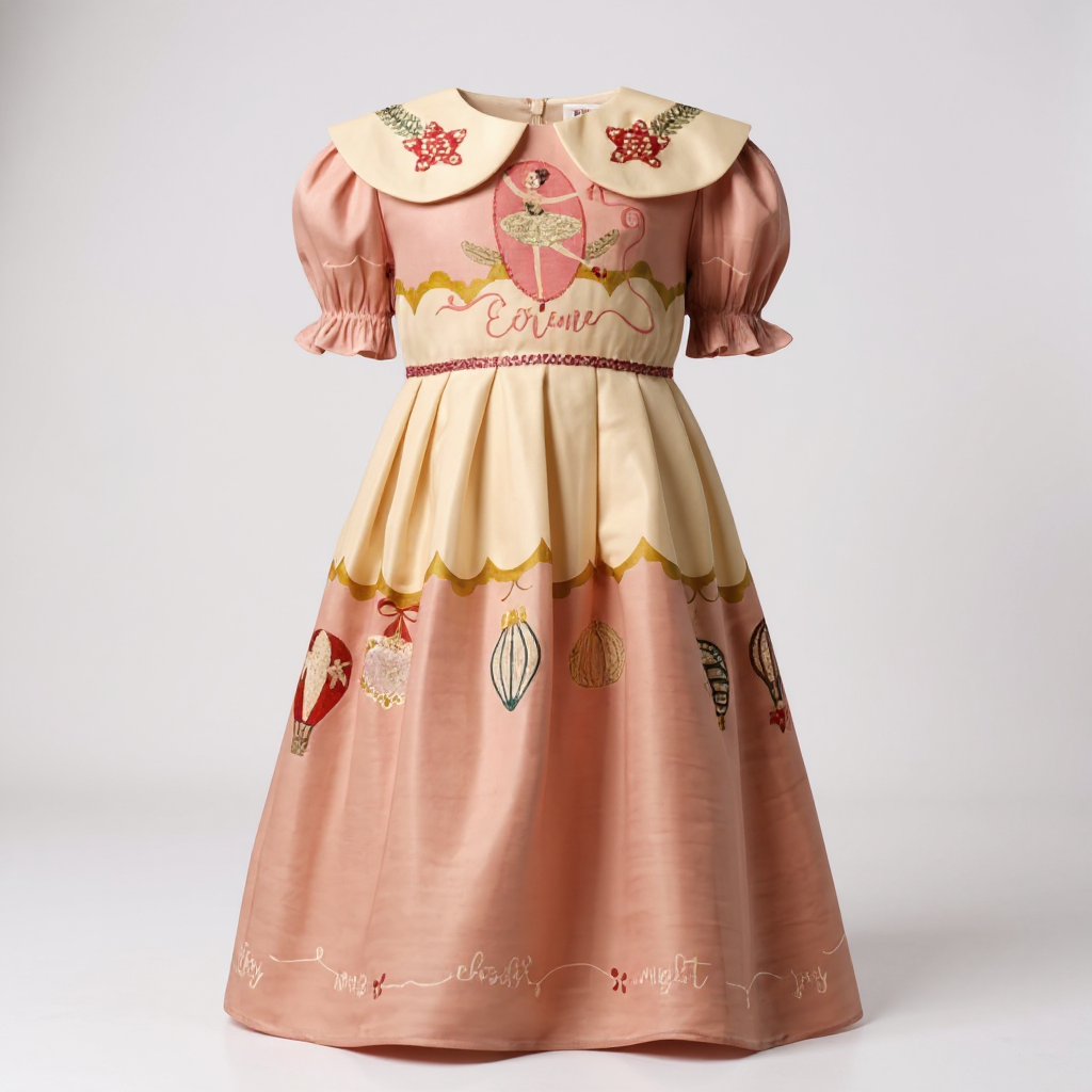 Pink and yellow Christmas dress with hand-embellished collar