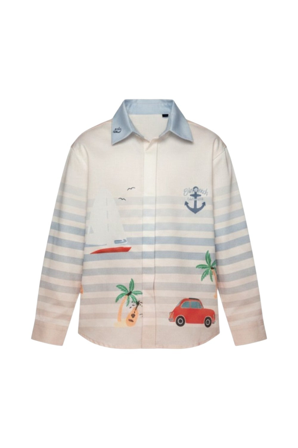 White button-up shirt with soft blue stripes and beach prints, finished with a light blue collar.