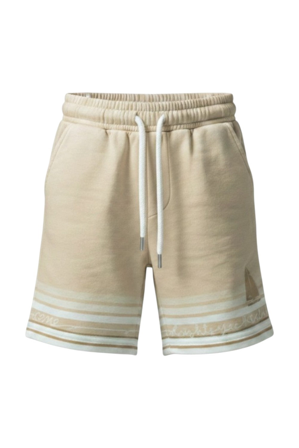 Beige cotton drawstring shorts with striped print