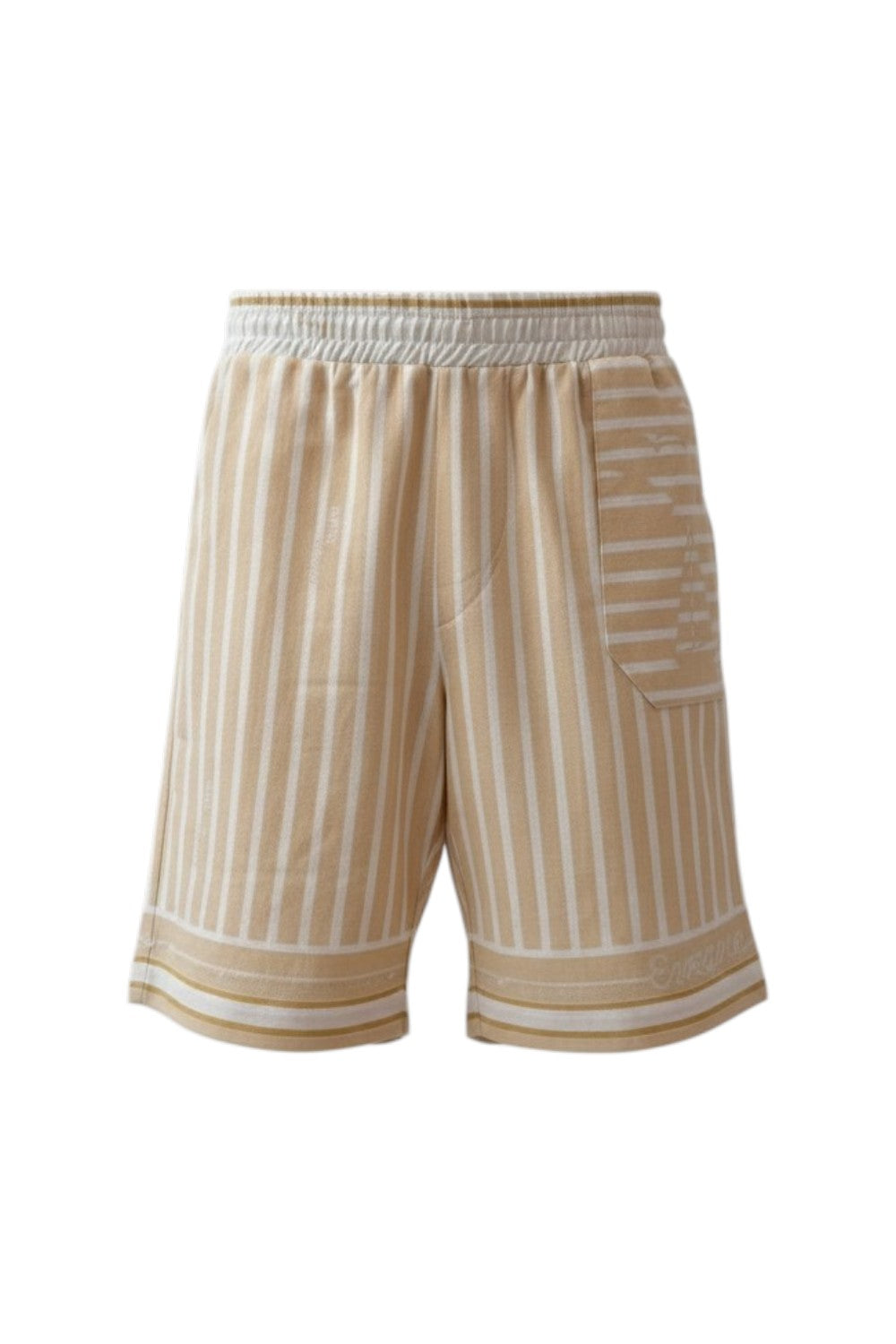 Knee-length beige linen shorts with a relaxed fit and stripe pattern