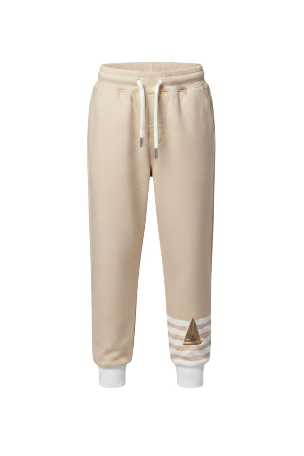 Beige pants with white striped cuffs and a small sailboat print motif on the leg