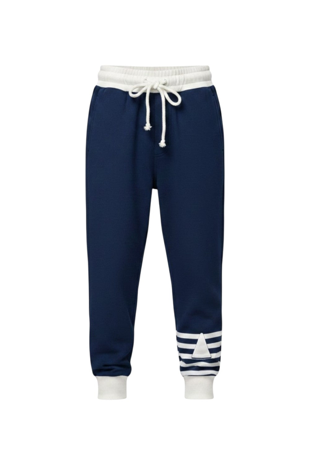 Dark blue pants with white striped cuffs