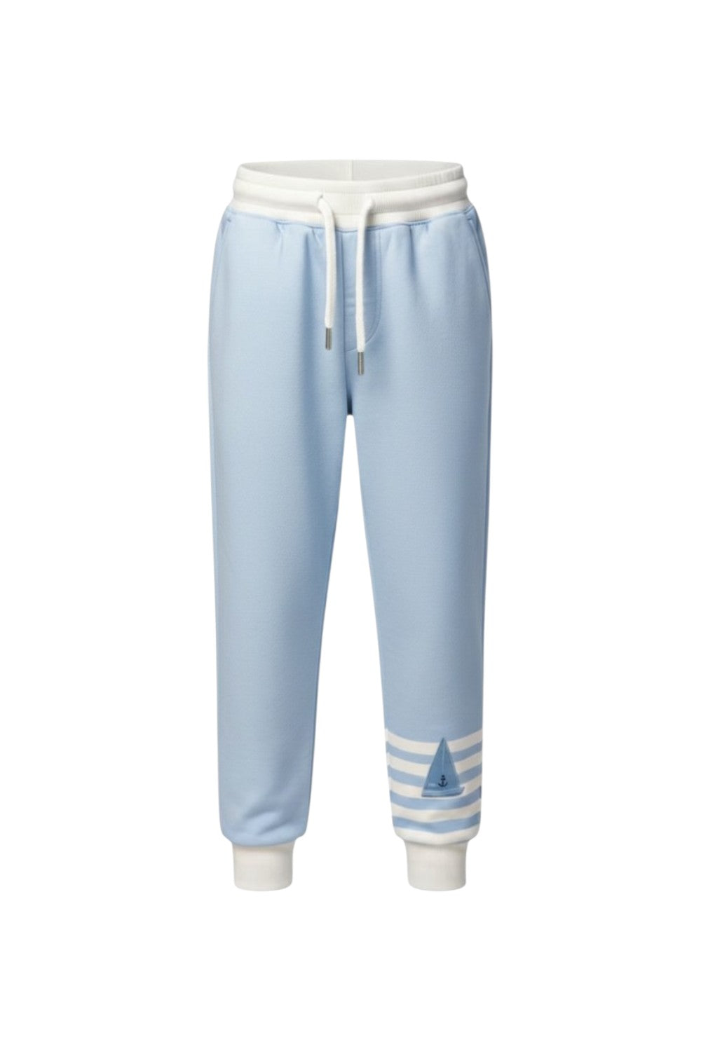 Light blue pants with white striped cuffs and a small sailboat print motif on the leg