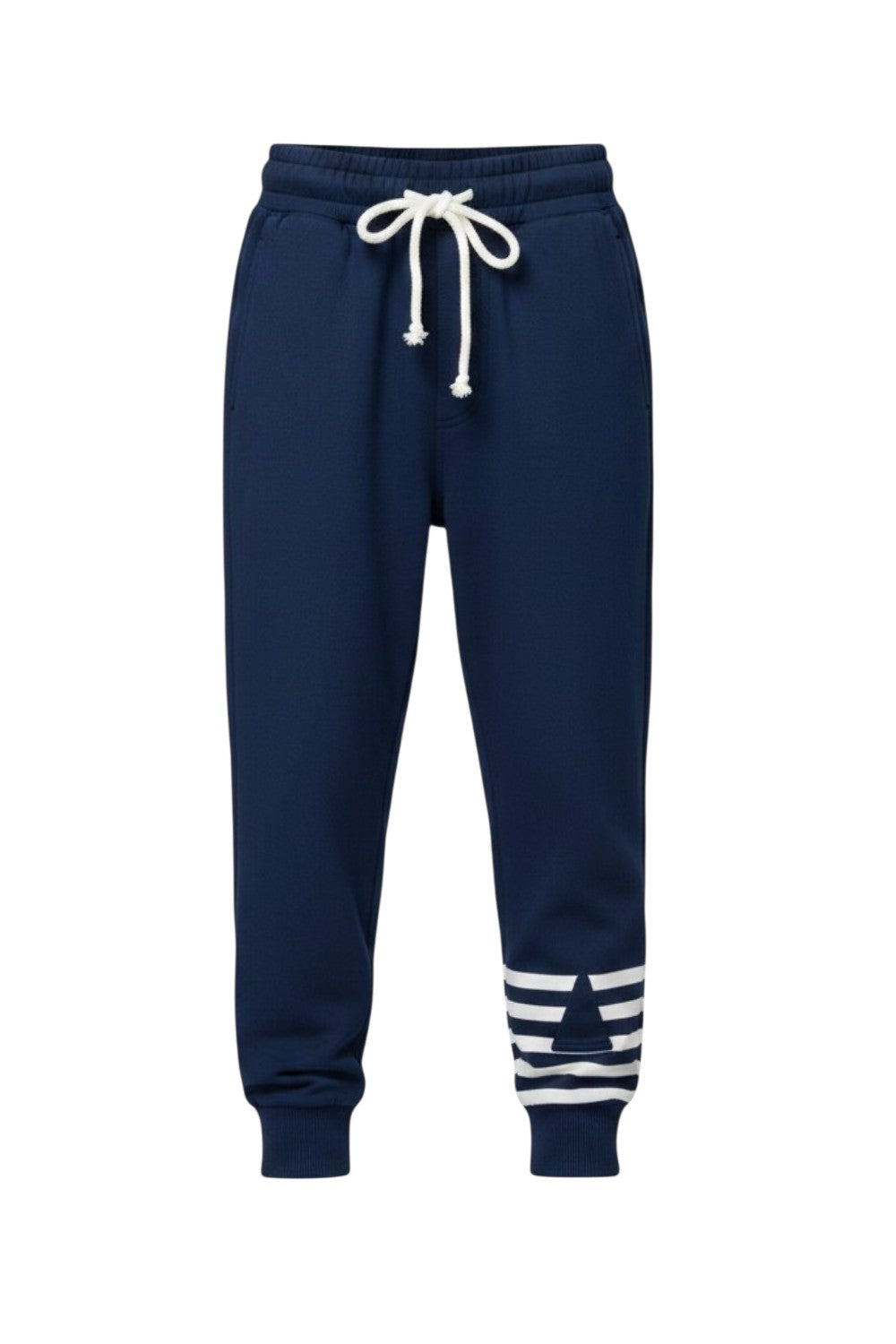 Dark blue pants with white striped cuffs